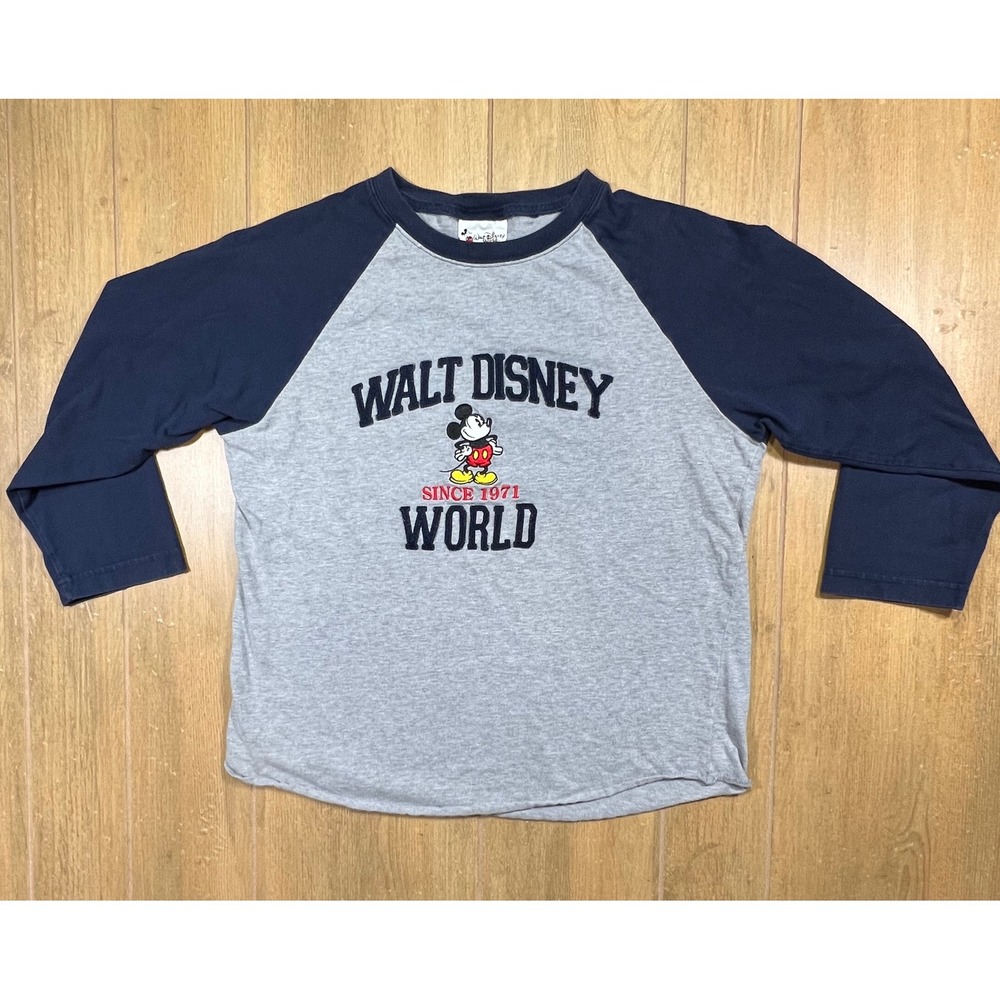 Walt Disney World Mickey Mouse Sz small Since 1971 Raglan Tee Gray vintage Navy